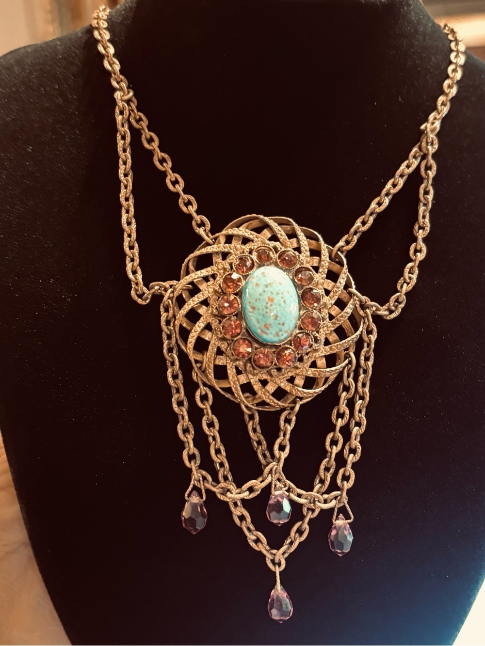 Antique Festoon Necklace with Robins Egg Blue Cabochon